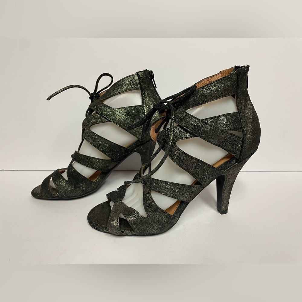 Jeffrey Campbell Ibiza Laramie suede lace up sandals heels black shimmer 10